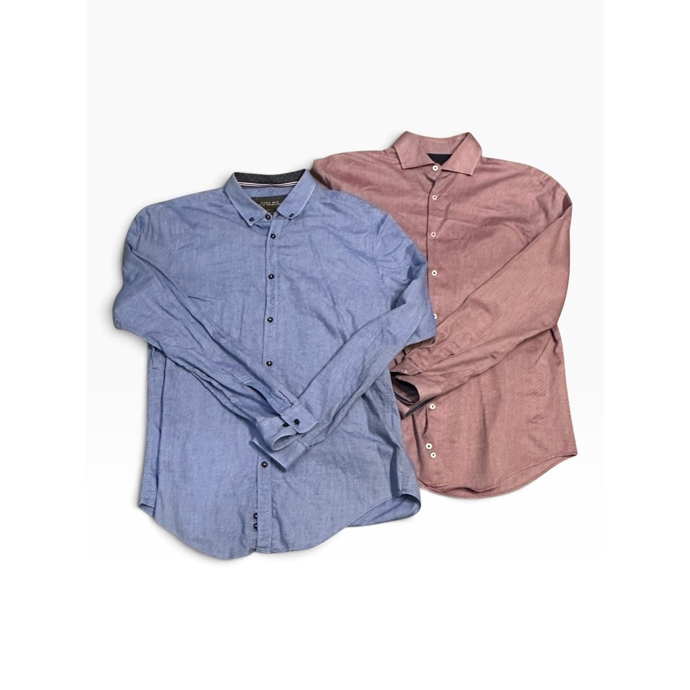 Zara Man Button Down Shirts Mens L Blue Red Slim Fit Bundle 2pk